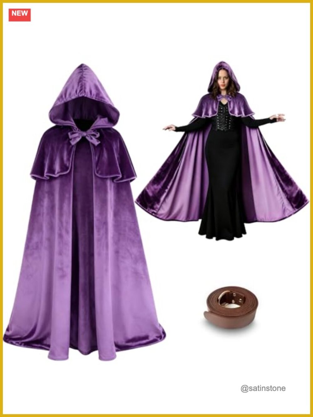 Medieval Renaissance Hooded Cloak Velvet Cape with Arm Holes Belt
